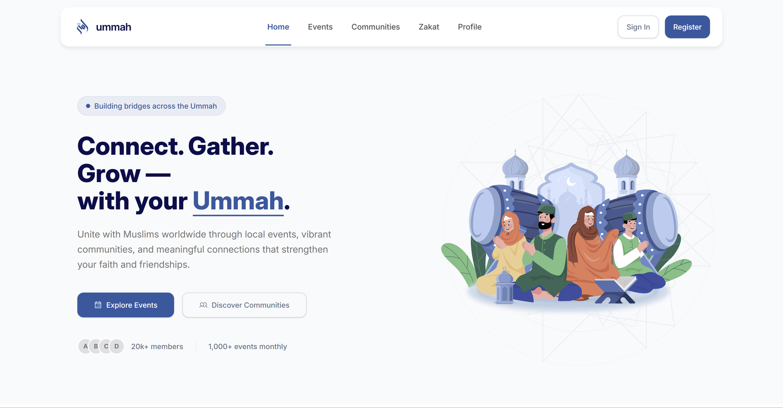Ummah app homepage — events, communities, and Zakat